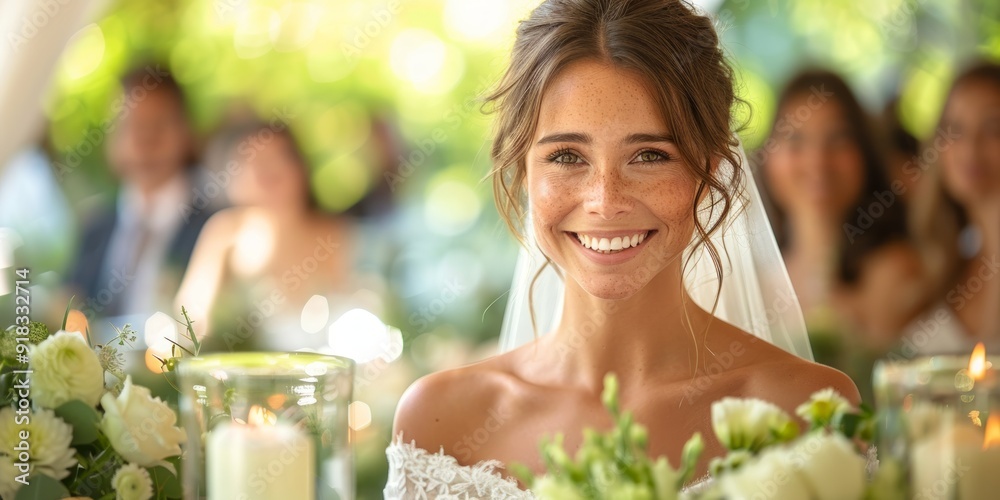 Bride's Joyful Smile at Wedding Reception Bride's Joyful Smile at Wedding Reception