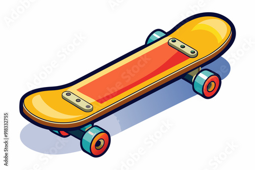 Yellow Skateboard with Red Deck and Blue Wheels