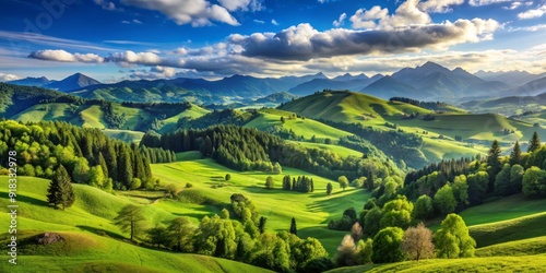 Rolling Green Hills and Mountain Peaks, Landscape, Photography, Nature, Mountain Range