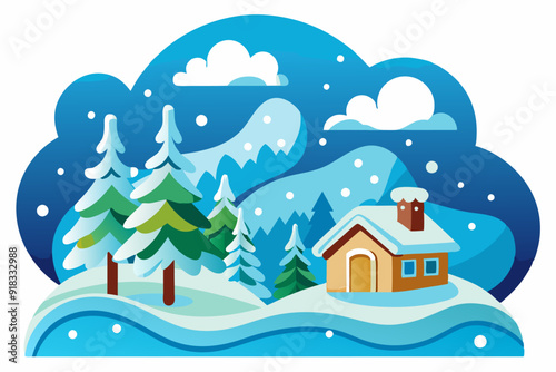 Winter Landscape with a Cabin, Snowy Trees, and Falling Snow