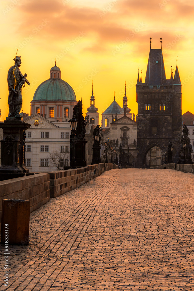 Fototapeta premium Vltava river with old Town bridge tower on Charles bridge in Prague, Czech Republic.