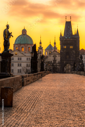  Vltava river with old Town bridge tower on Charles bridge in Prague, Czech Republic.