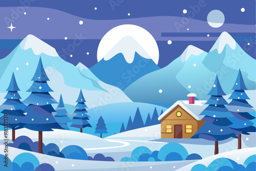 A Cozy Cabin Nestled in a Snowy Mountain Landscape Under a Full Moon