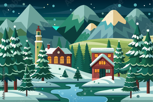 Winter Mountain Landscape with Houses and Snow-Covered Trees