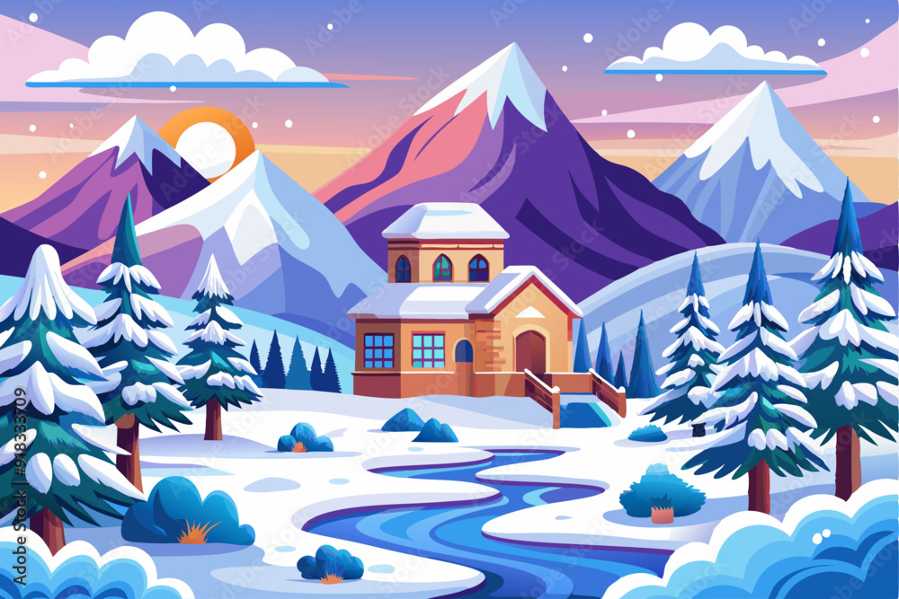 Snowy Mountain Landscape with a Cabin and Winding River Snowy Mountain Landscape with a Cabin and Winding River