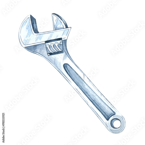 Adjustable wrench with a silver metallic finish and an open-jaw design. Watercolor clipart of the workshop tool, perfect for automotive branding, mechanical engineering design, or instructional guides