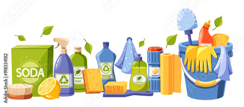 Cartoon Vector Eco-friendly Green Cleaning Products And Supplies, Including Bottles With Recycling Symbols, Sponges