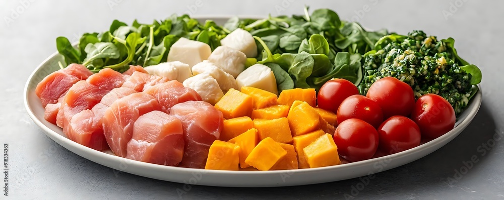 Fresh Salad with Tuna, Mozzarella, Mango, Cherry Tomatoes and Spinach - Realistic Food Image Fresh Salad with Tuna, Mozzarella, Mango, Cherry Tomatoes and Spinach - Realistic Food Image