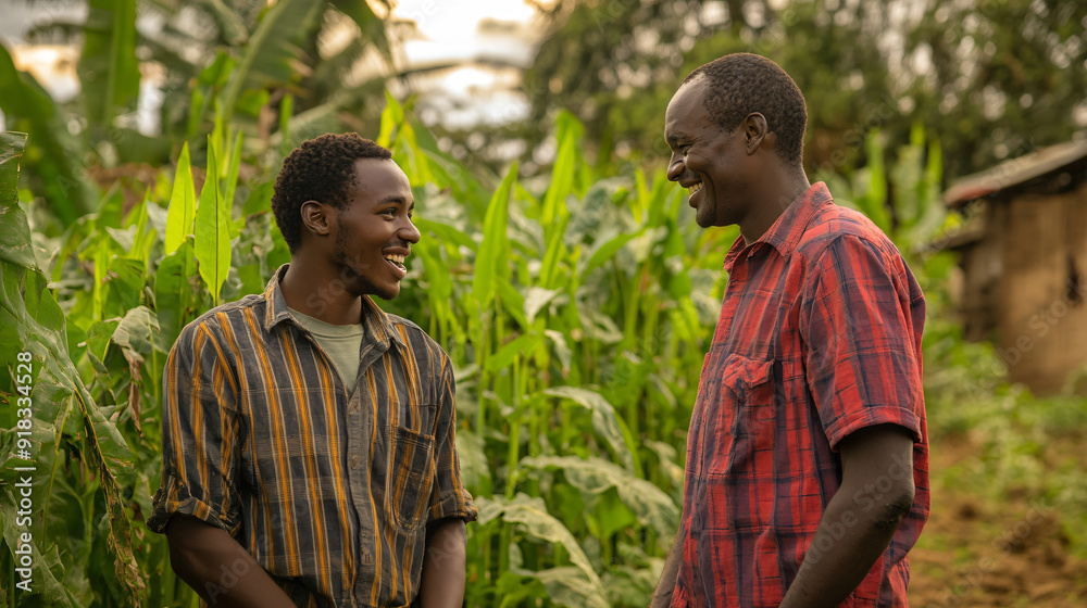 Building Connections: Young Man in Kenya Engaging in Inspiring Conversation with Middle Aged Farmer on Farm, Laughter and Unity Building Connections: Young Man in Kenya Engaging in Inspiring Conversation with Middle Aged Farmer on Farm, Laughter and Unity