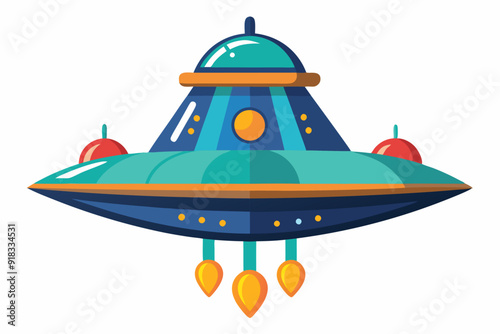 Cartoon Illustration of a Blue and Green UFO with Orange Flames