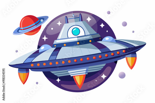 A Cartoon Illustration of a Flying Saucer in Space