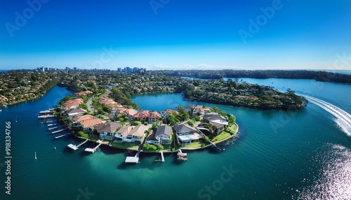 Breathtaking aerial view of C shaped residential island with cozy villas located in Sylvania Waters suburban area on sunny day in Sydney photo