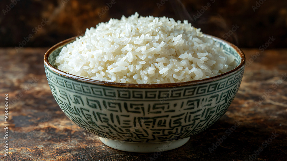 Serene Elegance - Steamed White Rice in Delicate Patterned Bowl, Minimalist Asian Cuisine Aesthetic Serene Elegance - Steamed White Rice in Delicate Patterned Bowl, Minimalist Asian Cuisine Aesthetic