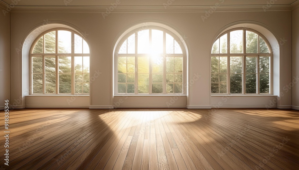 Bright empty room with large arched window and wooden floor Bright empty room with large arched window and wooden floor