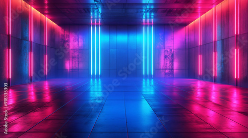 Futuristic neon-lit corridor with vibrant pink and blue lights. Copy space. Generative AI 