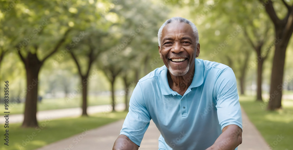 An African-American man rides a bicycle in the park. An African-American man rides a bicycle in the park.