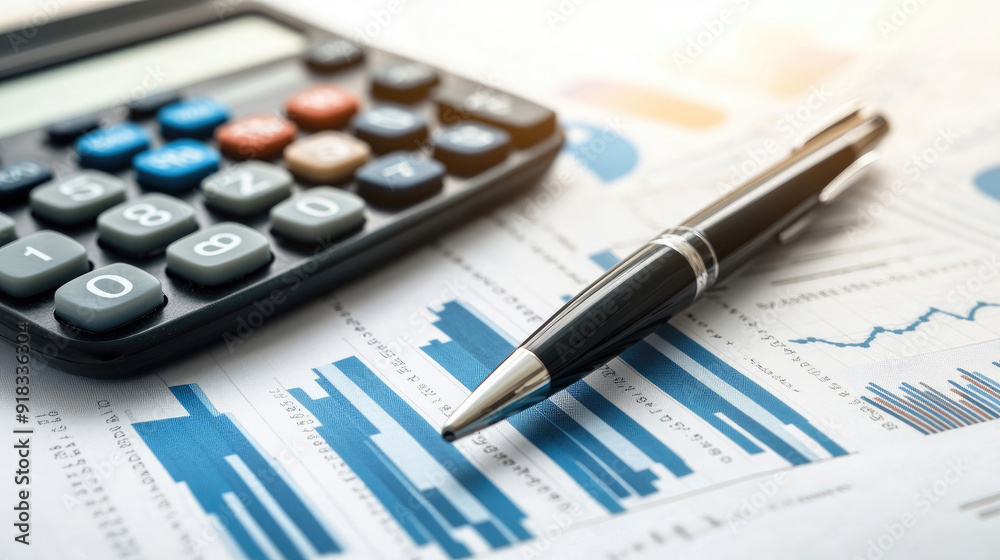 Calculator and Pen on Financial Papers with Charts and Graphs, Economic Data Review Calculator and Pen on Financial Papers with Charts and Graphs, Economic Data Review