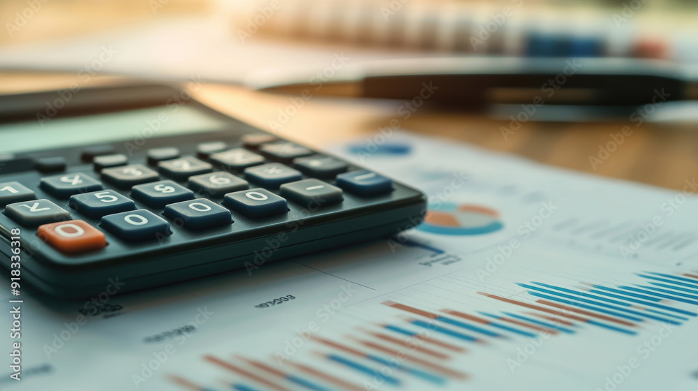 Calculator and Pen on Financial Papers with Charts and Graphs, Economic Data Review Calculator and Pen on Financial Papers with Charts and Graphs, Economic Data Review