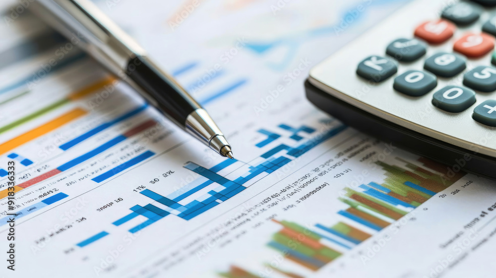 Calculator and Pen on Financial Papers with Charts and Graphs, Economic Data Review Calculator and Pen on Financial Papers with Charts and Graphs, Economic Data Review