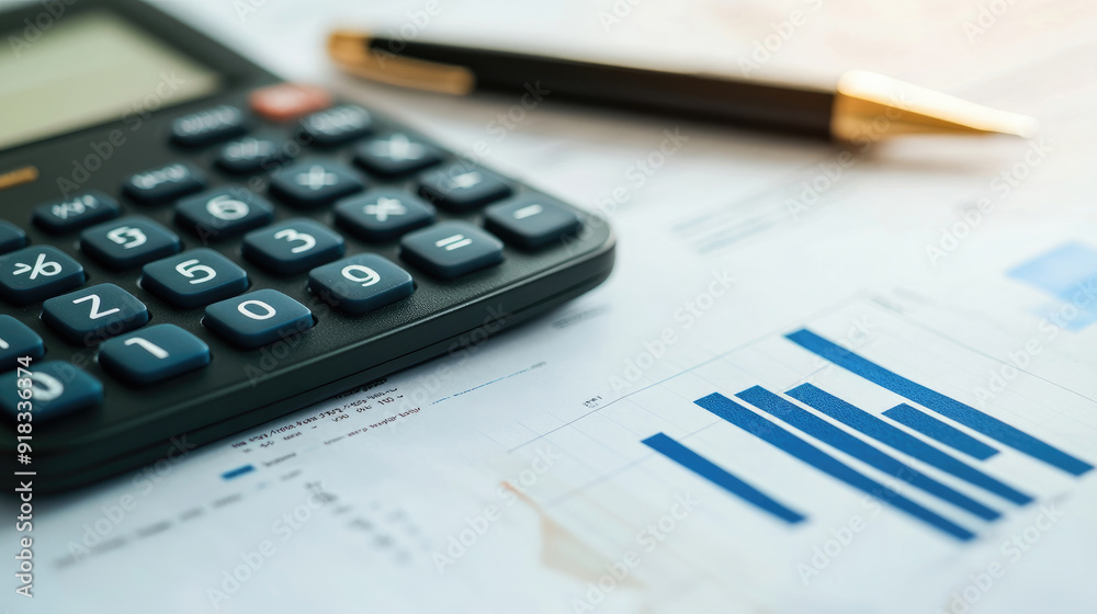 Calculator and Pen on Financial Papers with Charts and Graphs, Economic Data Review Calculator and Pen on Financial Papers with Charts and Graphs, Economic Data Review