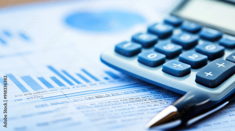 Calculator and Pen on Financial Papers with Charts and Graphs, Economic Data Review Calculator and Pen on Financial Papers with Charts and Graphs, Economic Data Review