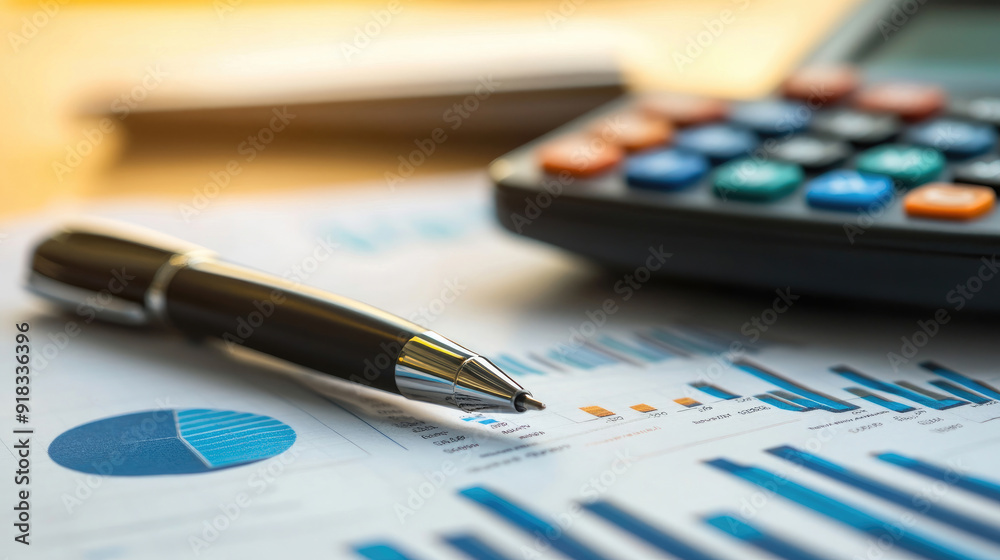 Calculator and Pen on Financial Papers with Charts and Graphs, Economic Data Review Calculator and Pen on Financial Papers with Charts and Graphs, Economic Data Review