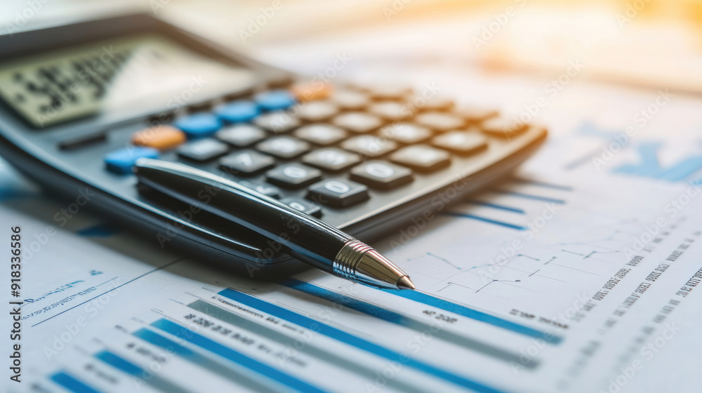 Calculator and Pen on Financial Papers with Charts and Graphs, Economic Data Review Calculator and Pen on Financial Papers with Charts and Graphs, Economic Data Review