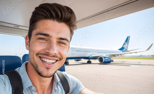 A young man takes a selfie in front of an airplane in the parking lot.