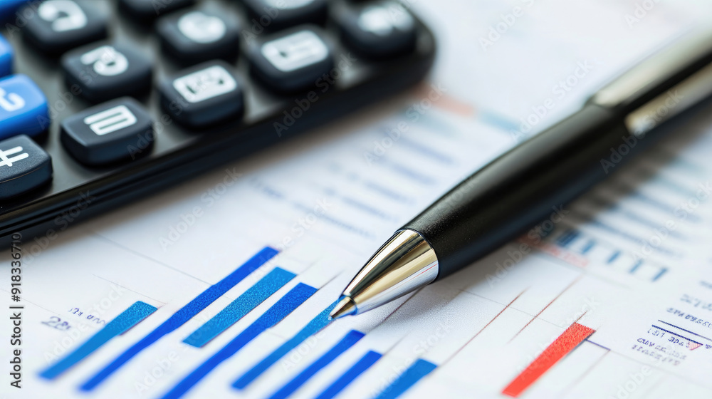 Calculator and Pen on Financial Papers with Charts and Graphs, Economic Data Review Calculator and Pen on Financial Papers with Charts and Graphs, Economic Data Review