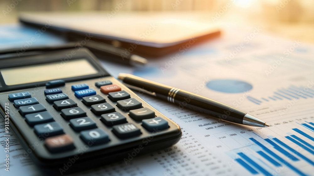 Calculator and Pen on Financial Papers with Charts and Graphs, Economic Data Review Calculator and Pen on Financial Papers with Charts and Graphs, Economic Data Review