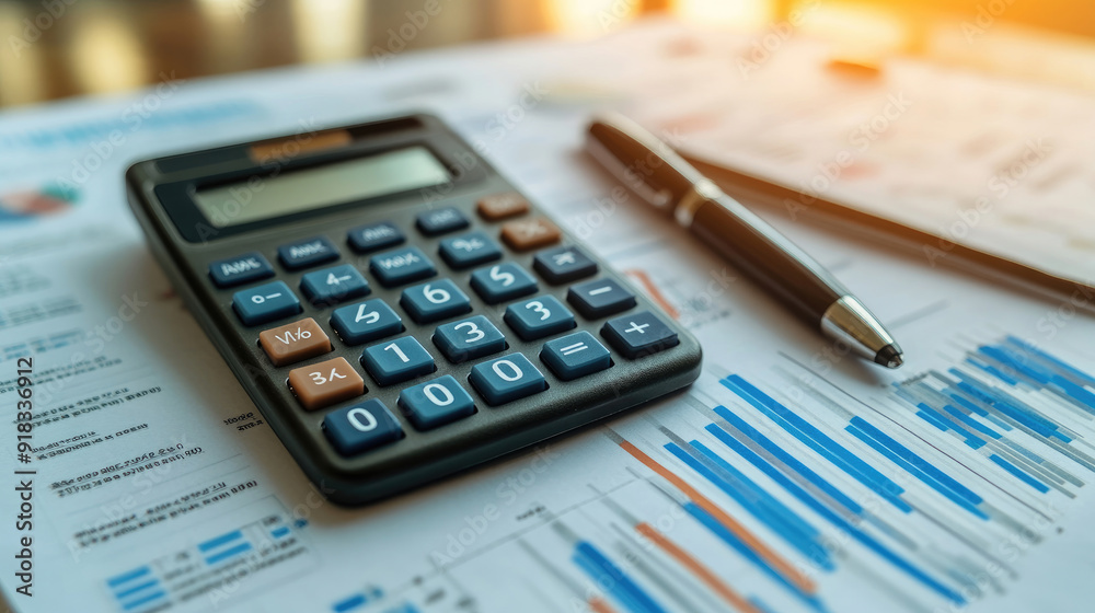Calculator and Pen on Financial Papers with Charts and Graphs, Economic Data Review Calculator and Pen on Financial Papers with Charts and Graphs, Economic Data Review