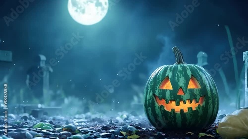 Glowing jack-o'-lantern watermelon in a misty graveyard under a full moon, creating a spooky Halloween atmosphere