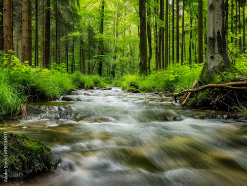 A gentle stream winds its way through lush green trees and foliage