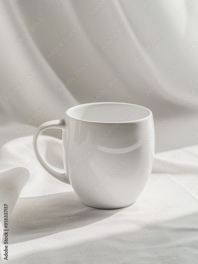 A white coffee mug sits on a soft surface illuminated by gentle sunlight A white coffee mug sits on a soft surface illuminated by gentle sunlight