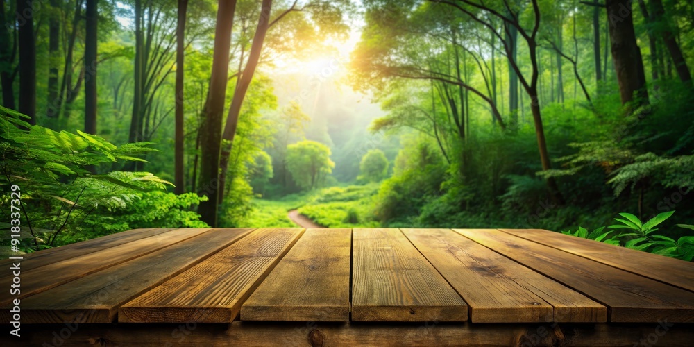 Wooden Tabletop in a Lush Green Forest, Nature, Wilderness, Green, Forest