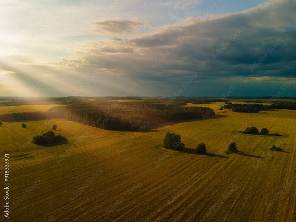 Obraz premium Landscape view from drone, yellow and green fields and haystacks, sky with white clouds. 