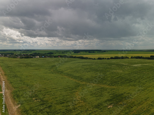 Landscape view from drone, yellow and green fields and haystacks, sky with white clouds. 