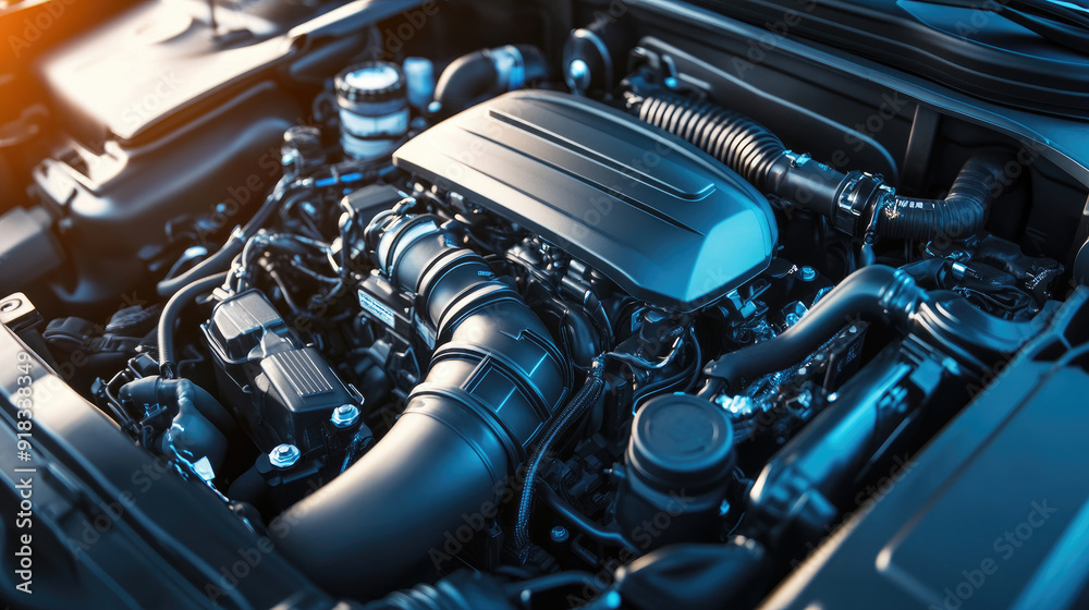 Top Down View of Engine Compartment in a Car with Hood Open Top Down View of Engine Compartment in a Car with Hood Open