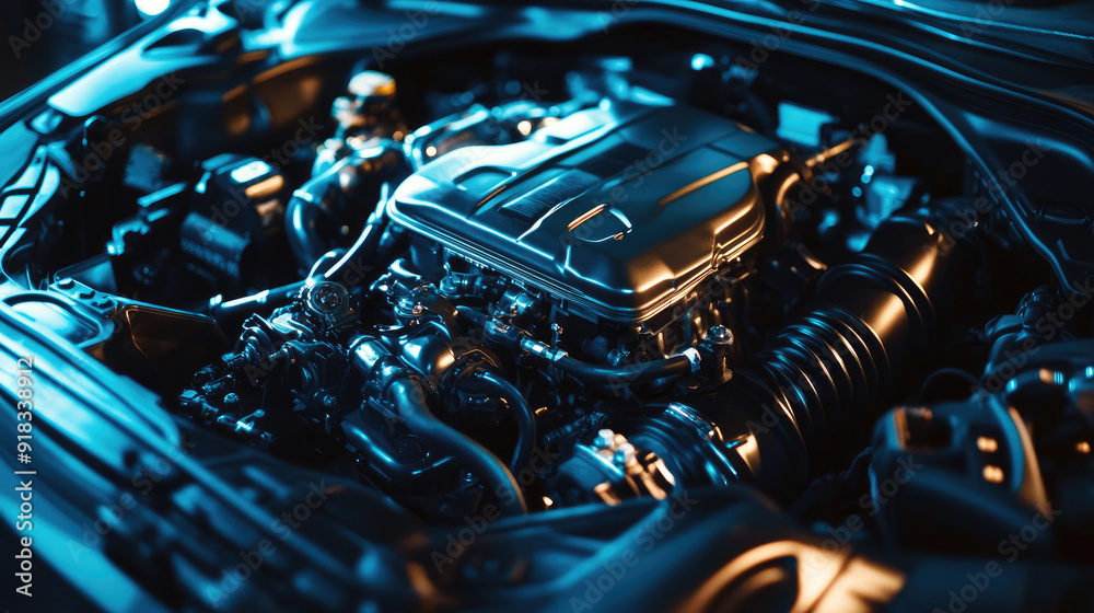 Top Down View of Engine Compartment in a Car with Hood Open