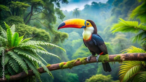 Vibrant Toucan in Lush Rainforest Canopy  Generative AI photo