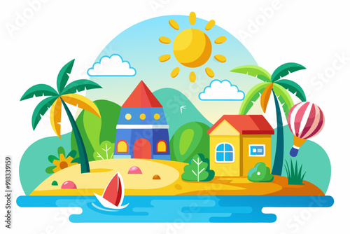 Colorful Tropical Island Scene with Houses, Palm Trees, and a Hot Air Balloon