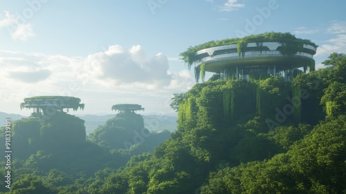 Futuristic ecosystem with symbiotic relationships between genetically modified plants and advanced robotics, creating a harmonious blend of technology and nature photo