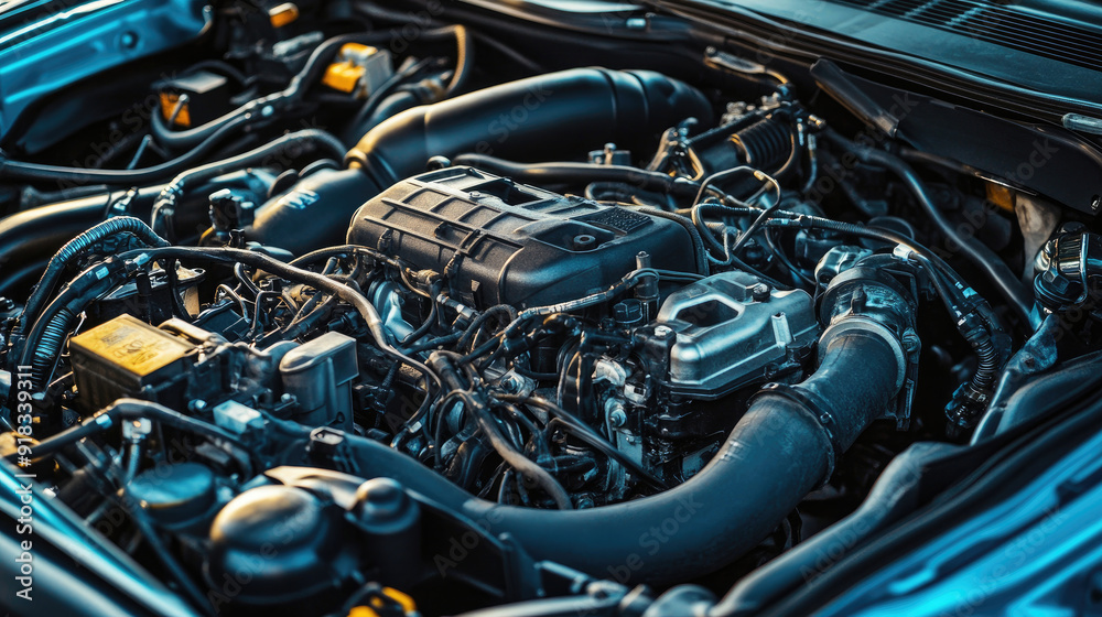 Top Down View of Engine Compartment in a Car with Hood Open Top Down View of Engine Compartment in a Car with Hood Open