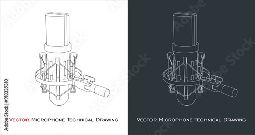 vector microphone, showcased in a wireframe design over technical blueprints, for podcast