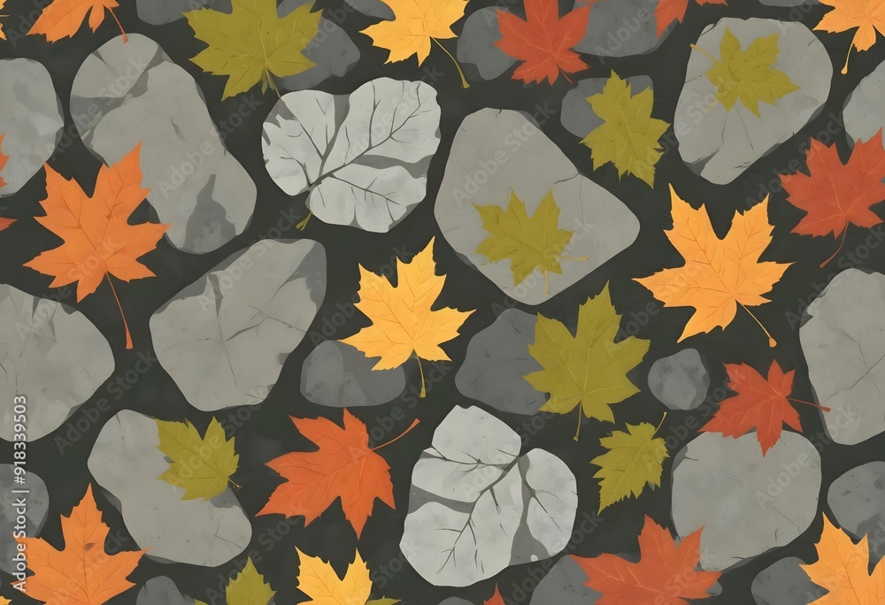 Top view of autumn leaves with gray stones, autumn background, autumn pattern Top view of autumn leaves with gray stones, autumn background, autumn pattern