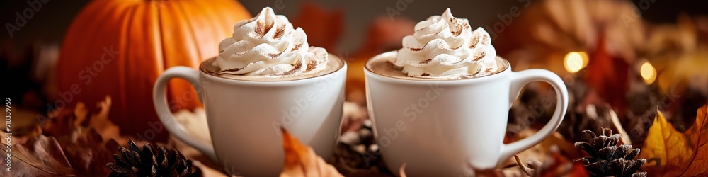 Two white coffee cups with whipped cream on top, surrounded by autumn leaves and pine cones. The image conveys a cozy and warm atmosphere, perfect for enjoying a hot beverage on a chilly day