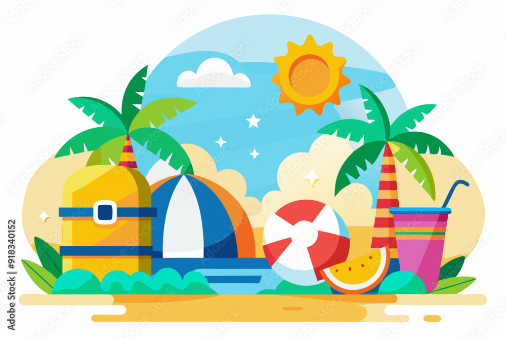 Obraz premium Summer Beach Scene with Palm Trees, Beach Umbrella, and Watermelon