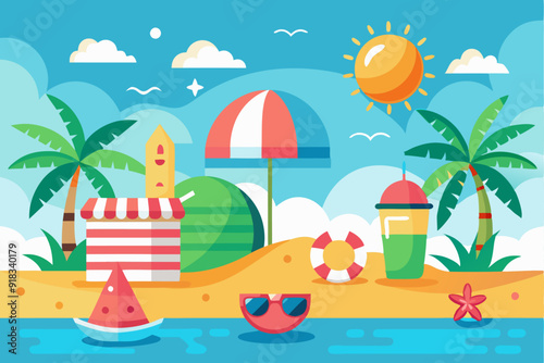 Tropical Beach Scene with Palm Trees, Watermelon, and Beach Umbrella