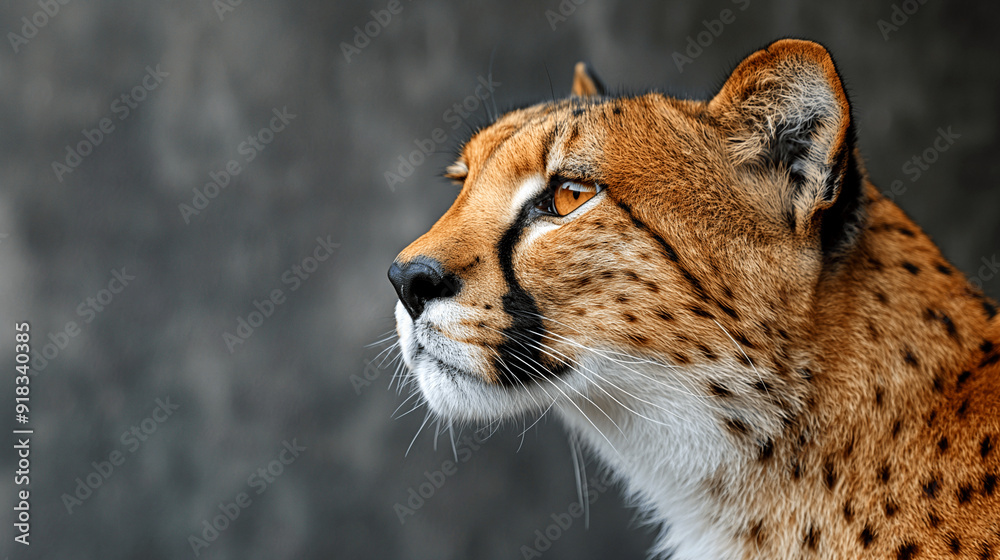 Fototapeta premium Profile of a majestic cheetah against a blurred background. Copy space. Generative AI 