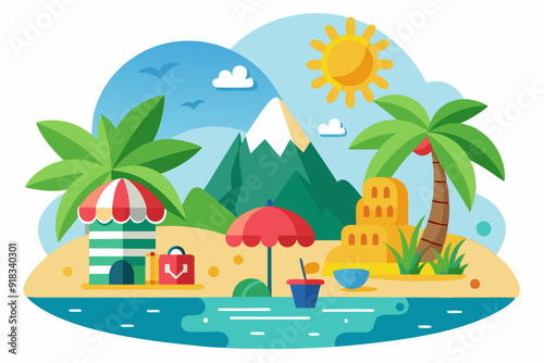 Tropical Beach Scene with Palm Trees, Sandcastle, and Mountain
